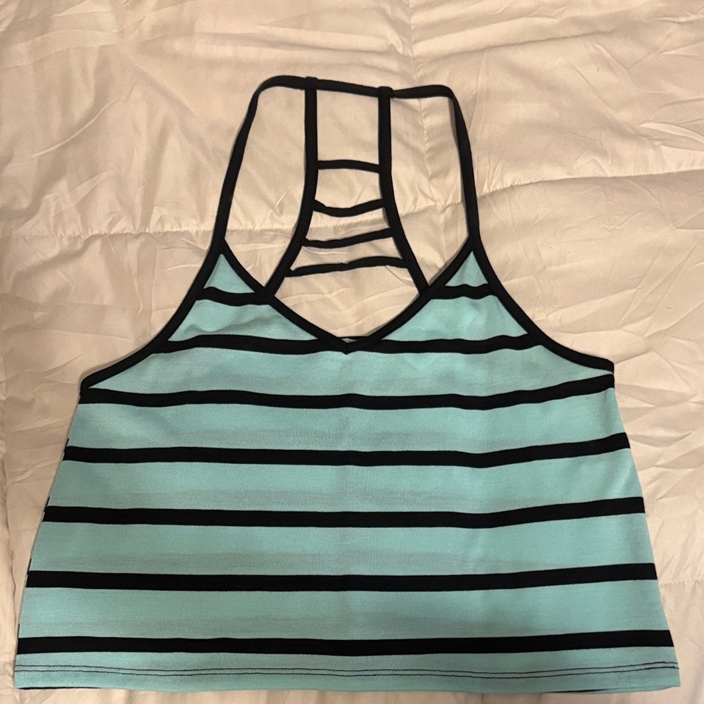 Charlotte Russe Black and Aqua Striped Crop Top